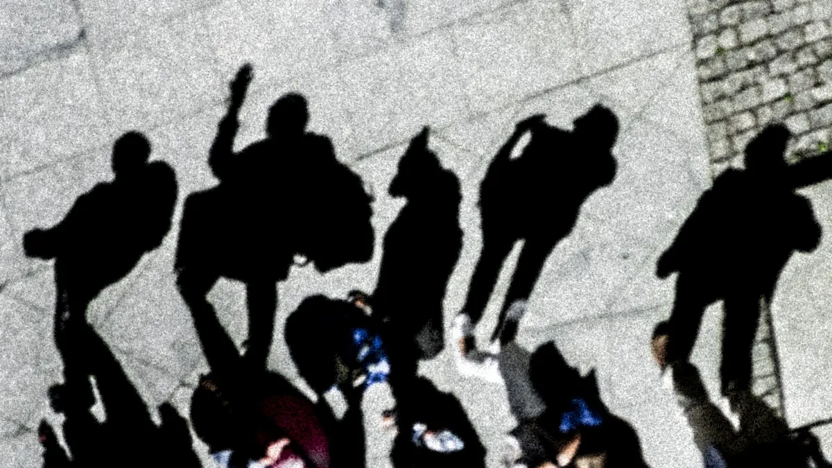 Cluster of pedestrian shadows scattered across bright pavement